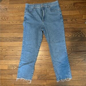 14R slim super high rise light/medium wash express jeans.
